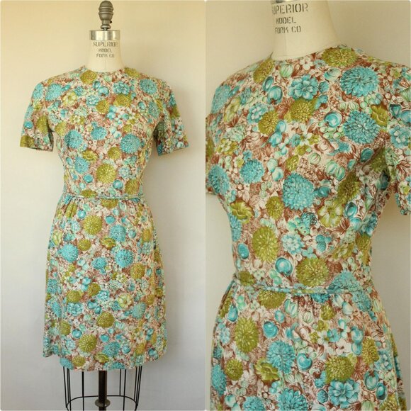 Vintage 1960s Wiggle Dress, Green and Blue and Brown Floral and Fruit Print - Picture 1 of 10